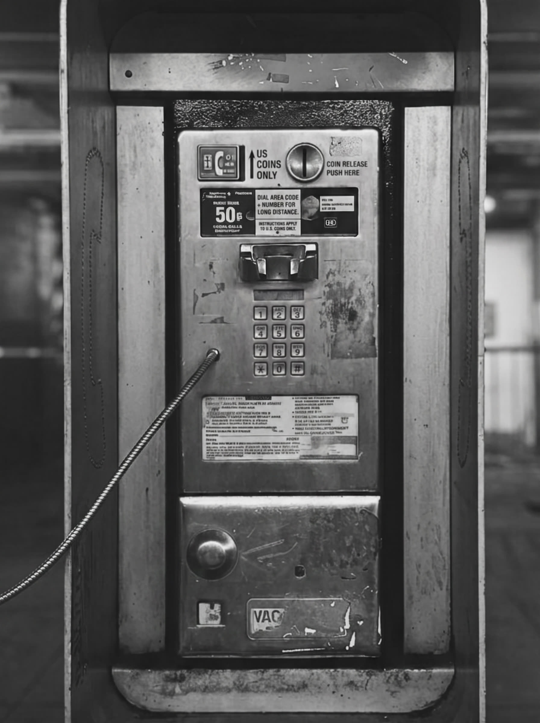 The same payphone with the receiver lifted; the keypad is uncovered and the cord hangs.