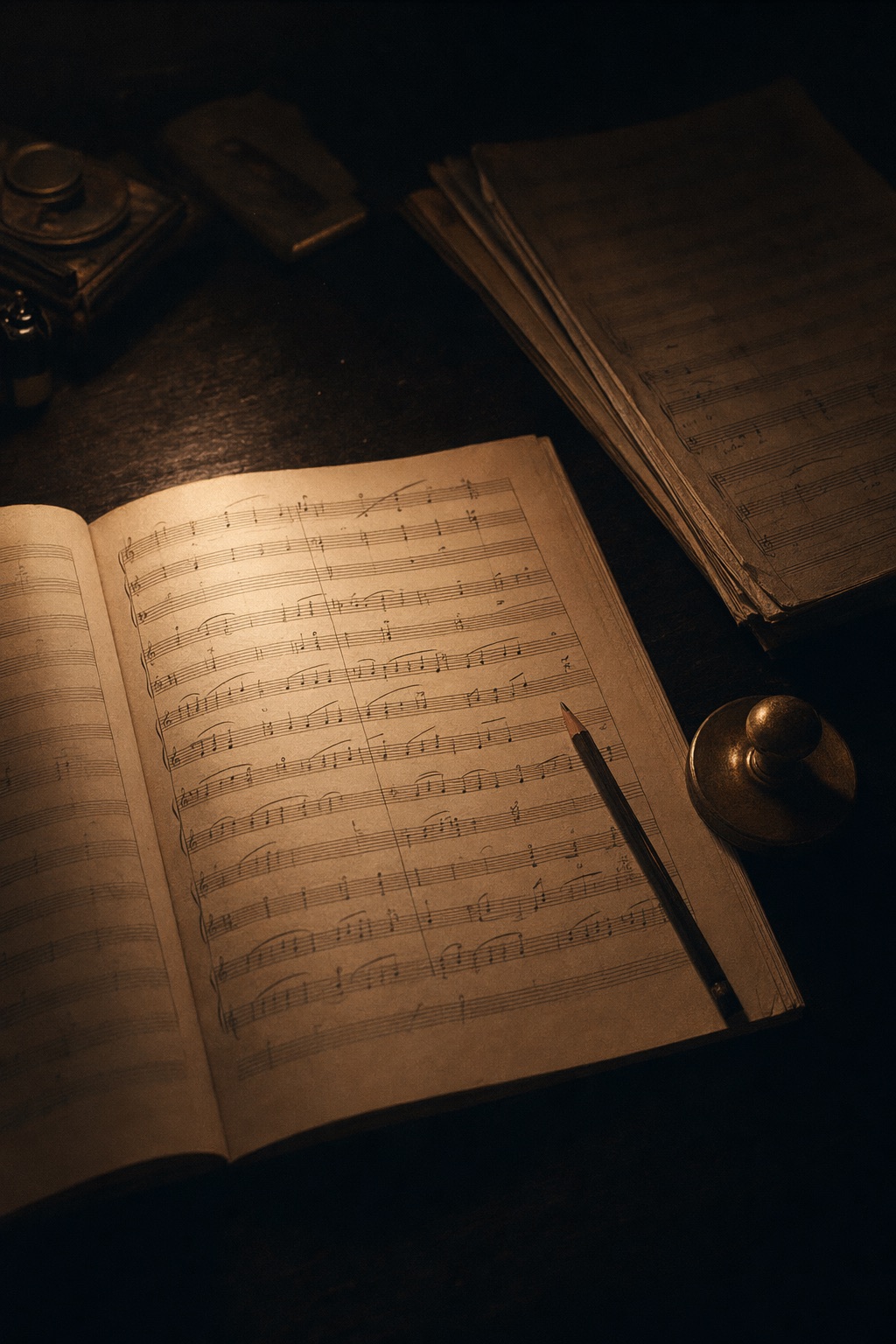 A darkly-lit composer's desk with an open orchestral score under amber stage light — the counter at the edition shop