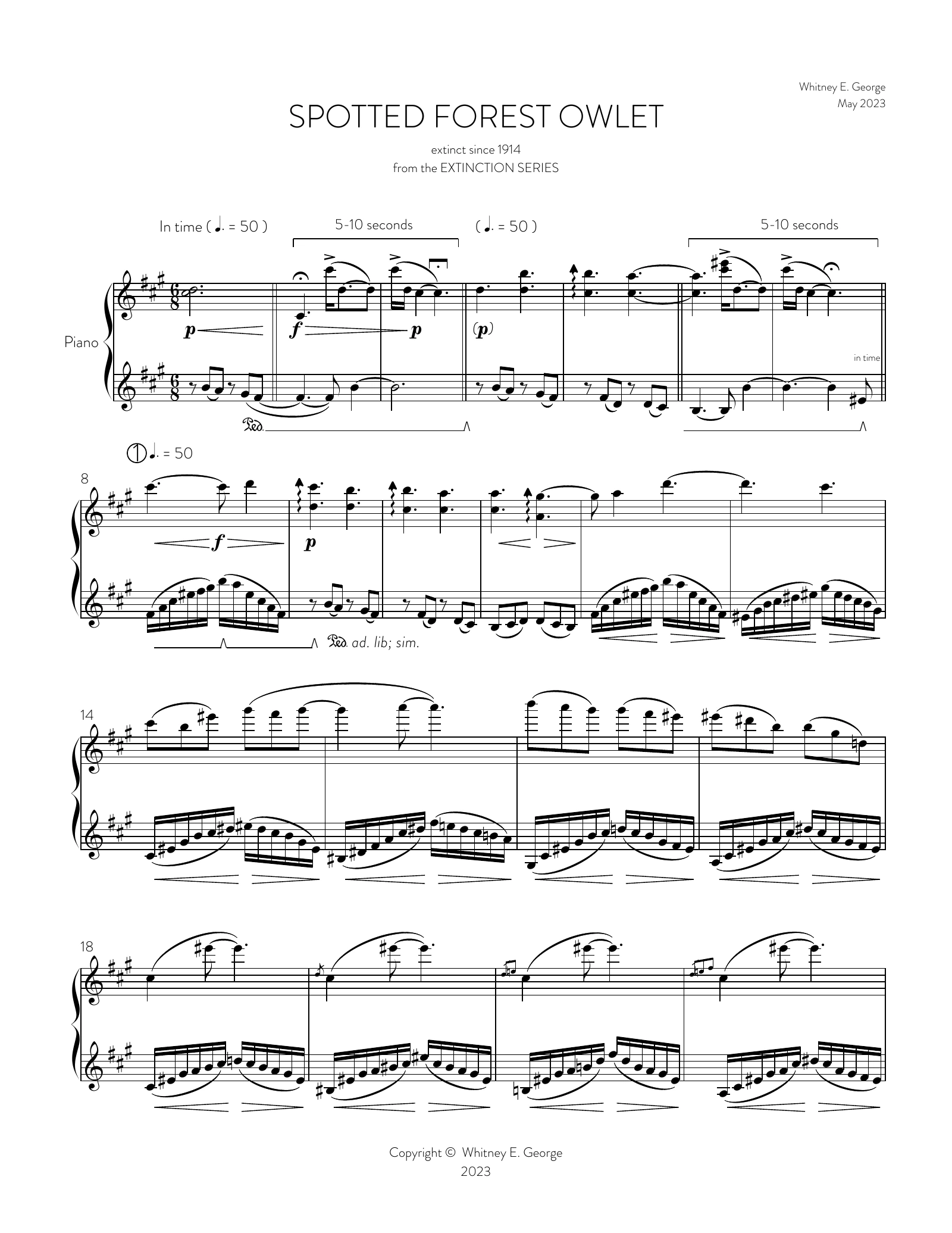 Spotted Forest Owlet from The Extinction Series (solo piano)