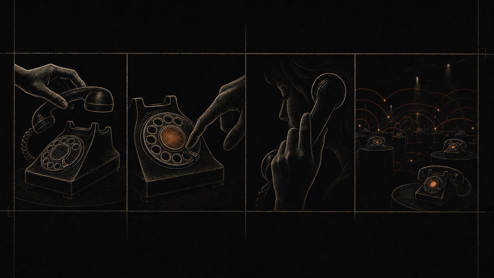 Draft four-panel gesture study: a receiver lifted, a rotary number dialed, a listener at the phone, and a room of phones responding with signal arcs.