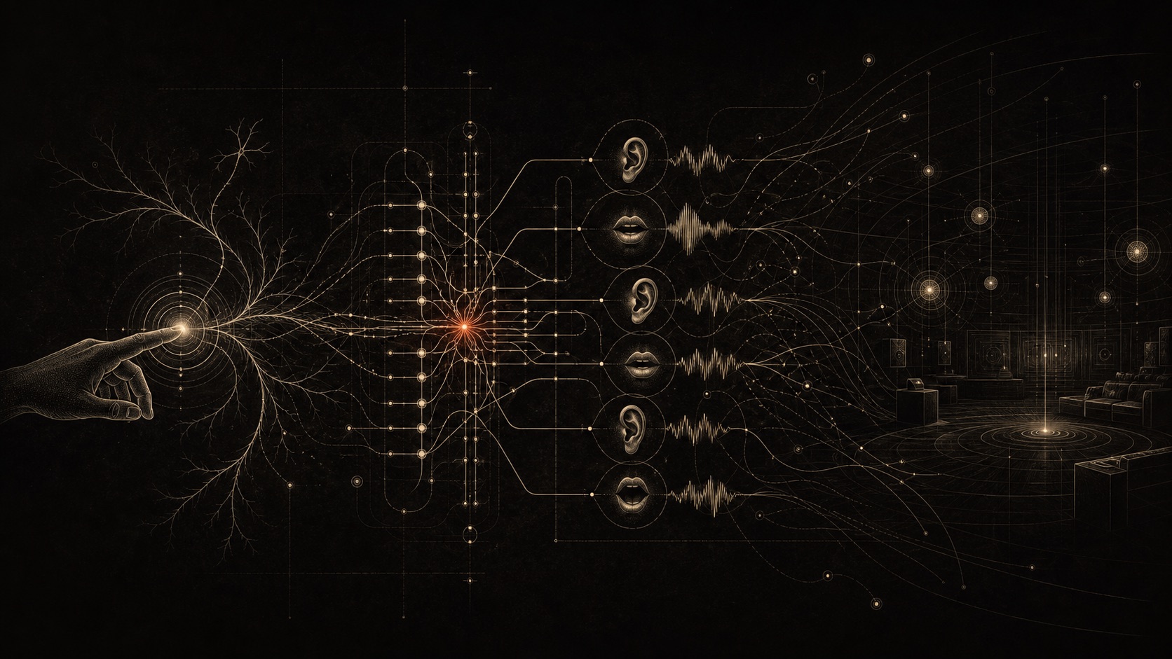 Draft signal-flow graphic showing touch, branching nervous-system lines, routed voices, waveforms, and room response in cream and ember on a dark ground.
