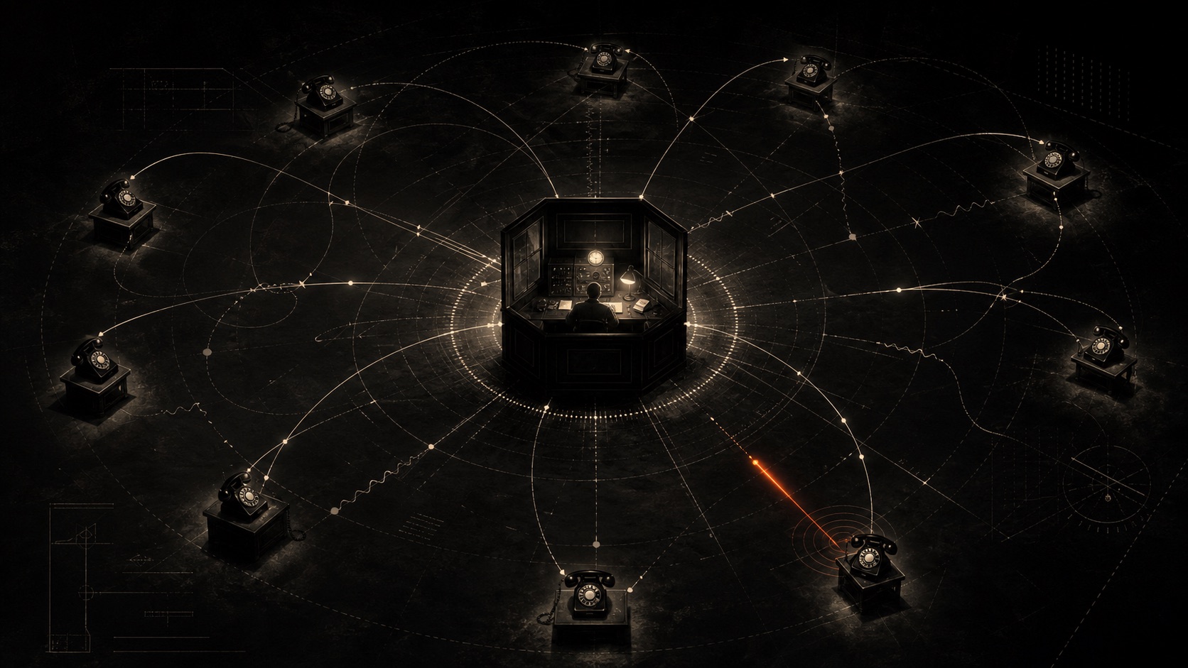 Draft staging mood-map with a central booth surrounded by rotary telephones, delicate signal arcs, and one ember-highlighted call path.