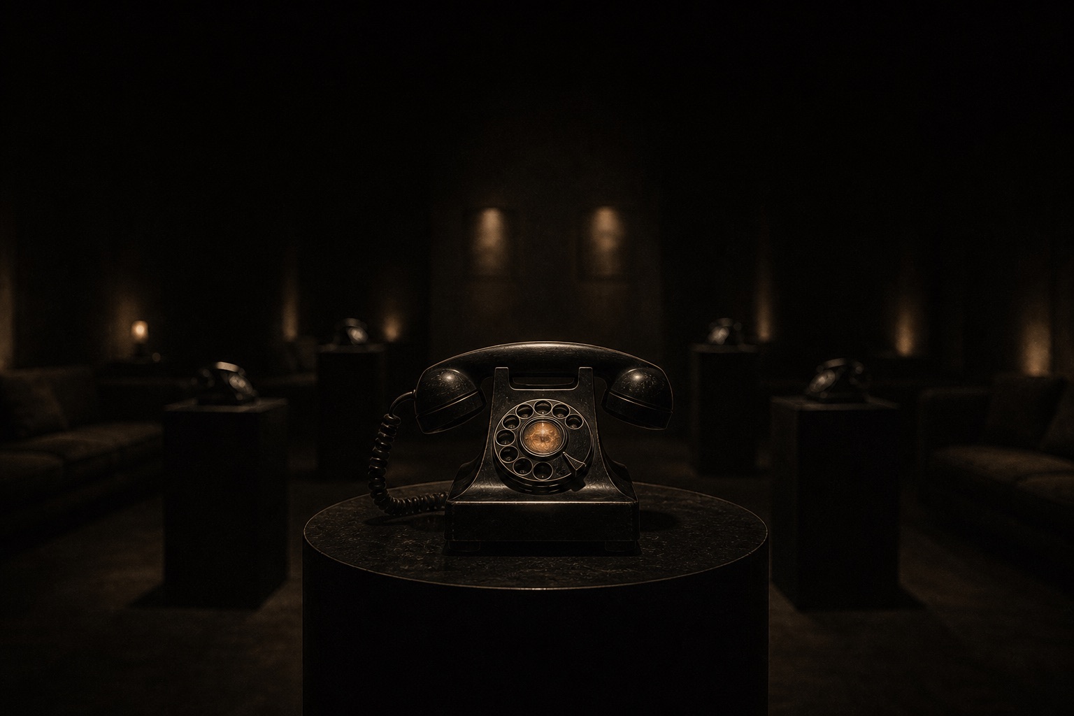 A lone black rotary telephone on a pedestal in a dark room