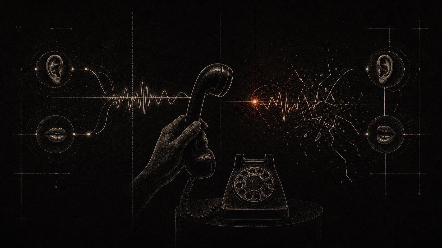 Draft interaction graphic showing a lifted telephone receiver, private waveform lines, and an ember rupture where the listener is detected.