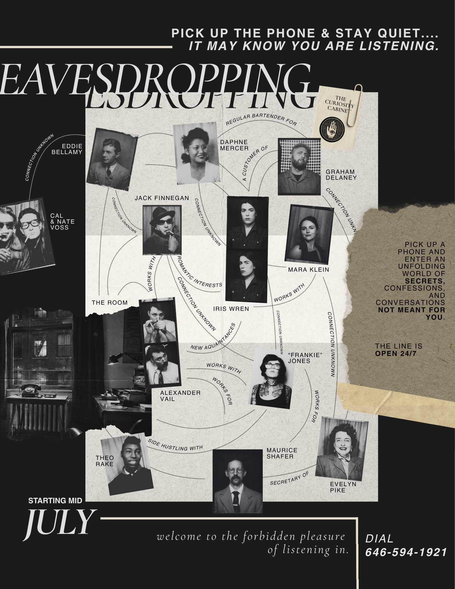 EAVESDROPPING poster mapping the characters around a telephone line open 24/7