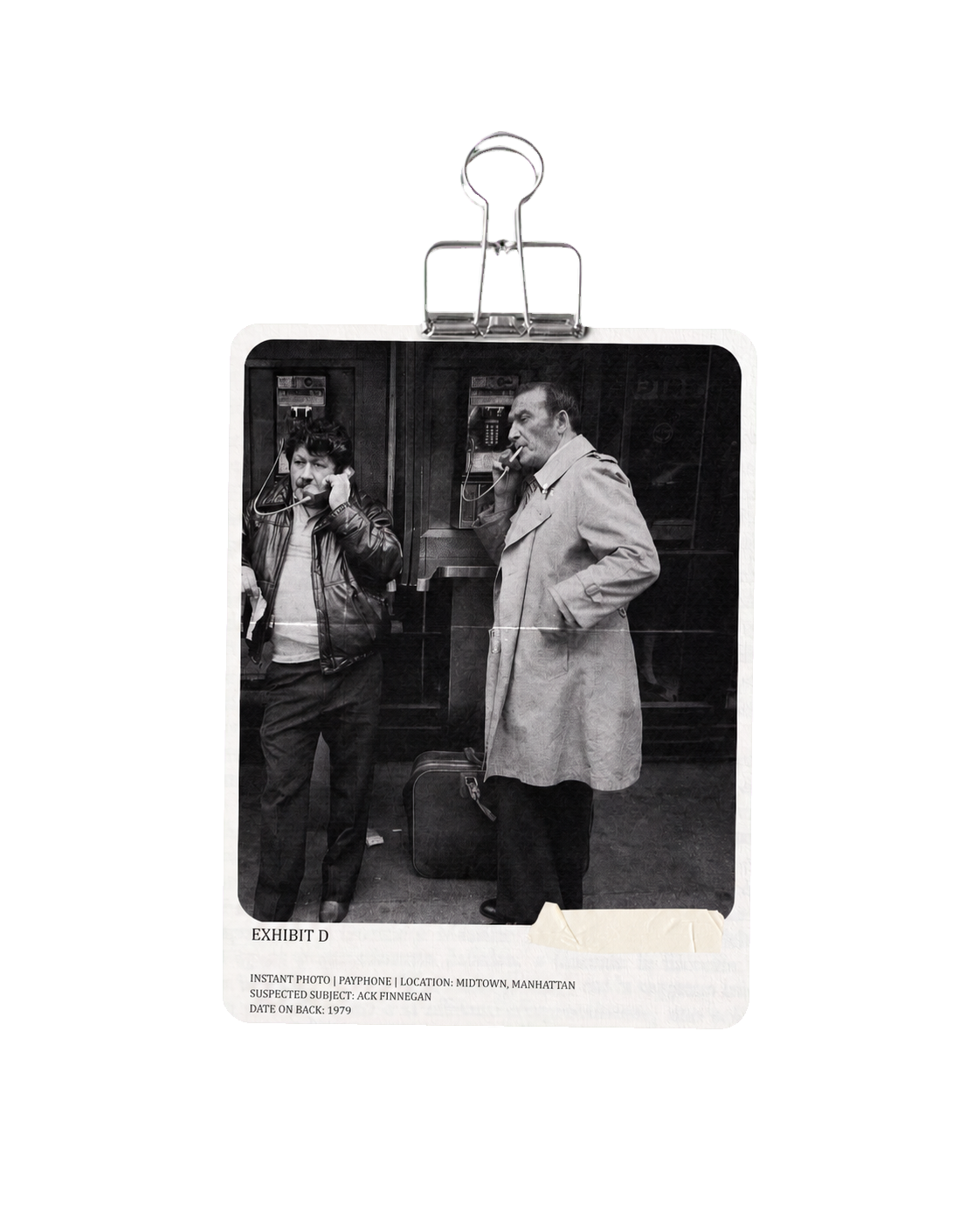 Exhibit D: a clipped archival photograph of two men using public payphones in Midtown Manhattan