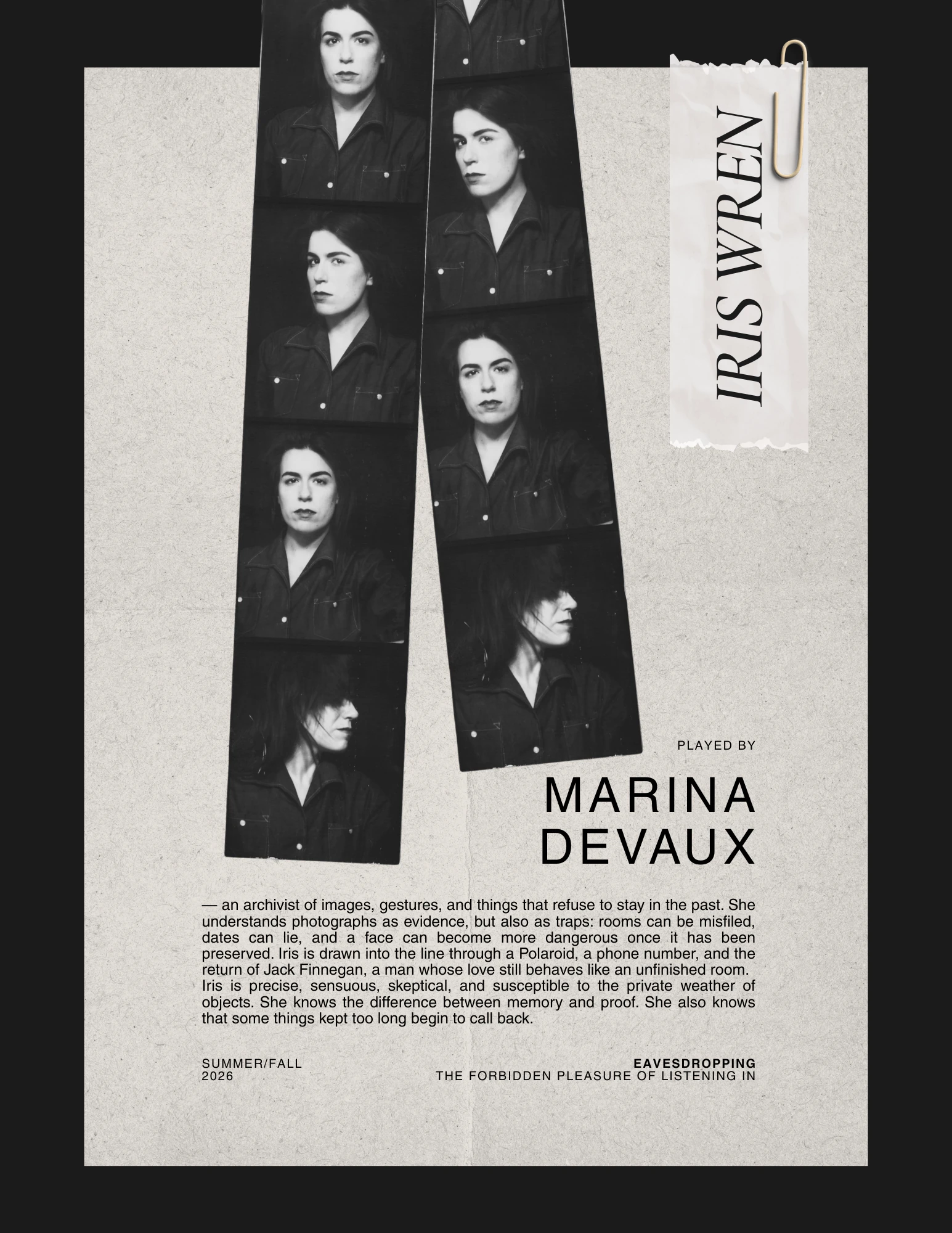 Iris Wren character sheet, played by Marina Devaux